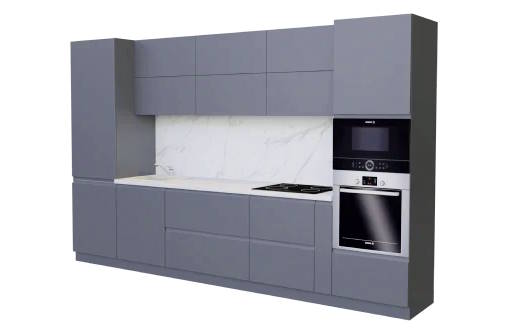 Open drawers at modern white kitchen furniture