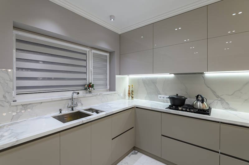 Luxury white modern marble kitchen in studio space